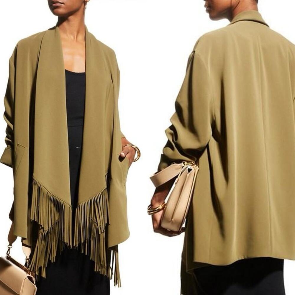 NWT Cinq a Sept Azura Open Front Fringe Jacket in Military Olive